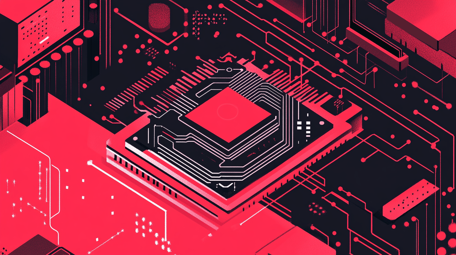 An editorial-style, hand-drawn modern illustration depicting a capable artificial intelligence computer chip build in CHINA. The illustration is sophisticated and thought-provoking, with a capable artificial intelligence computer chip depicted realistically, yet subtly altered to suggest artificiality. The background is elegant and minimalist, focusing the viewer's attention on the a capable artificial intelligence computer chip. The style is sophisticated and professional, suitable for an editorial context