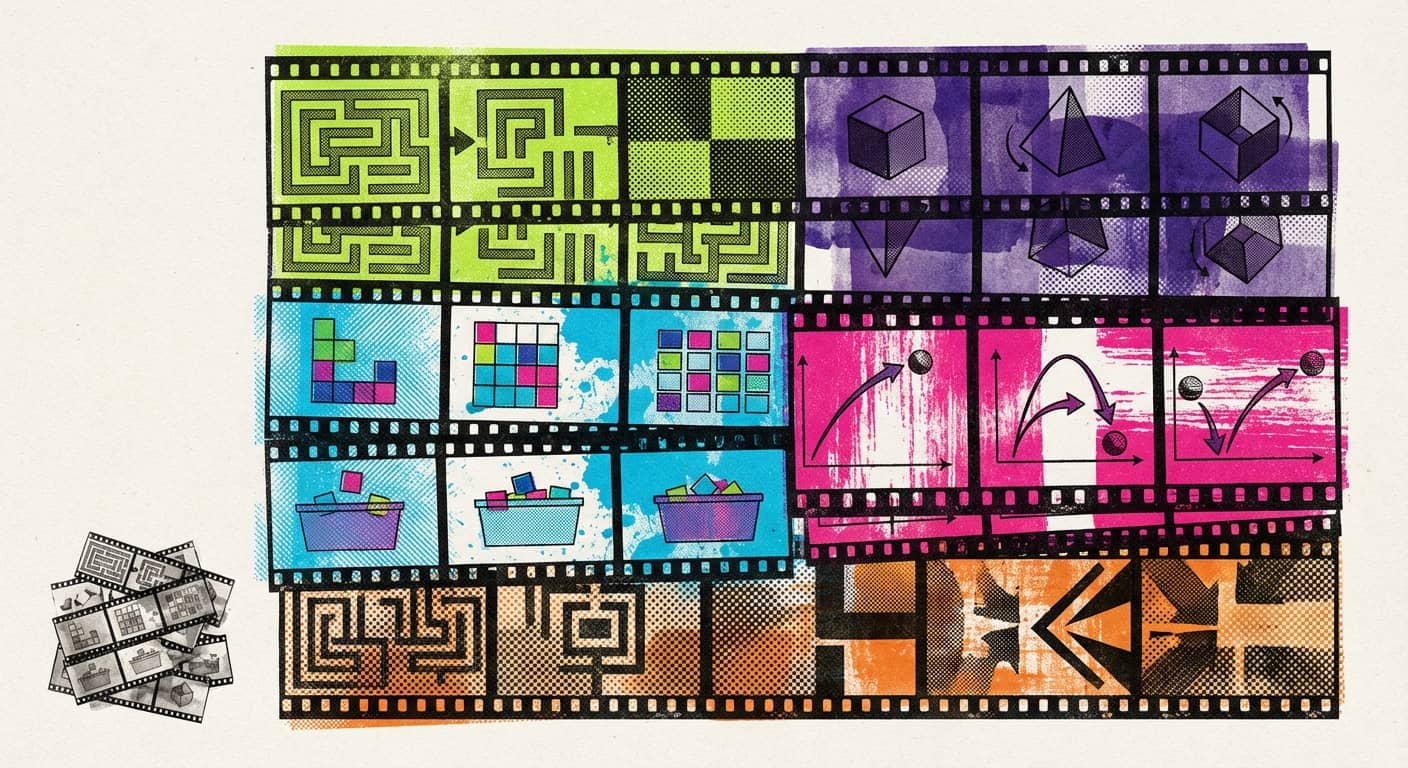 Filmstreifen-Collage: Video-Reasoning-Aufgaben wie Labyrinthnavigation, 3D-Rotation, Kachelpuzzles, Objektezählung und physikalische Vorhersagen.