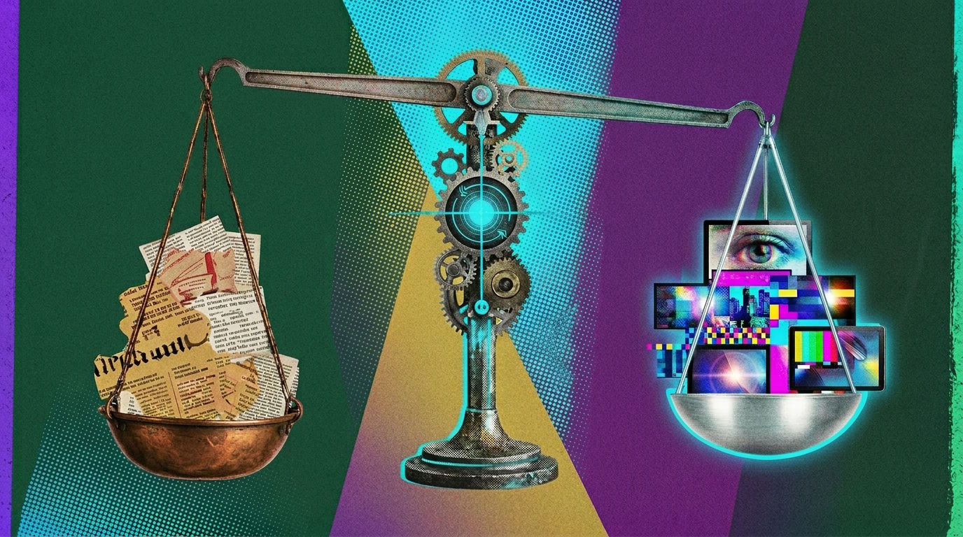 Waage mit Zeitungsartikeln links und digitalen Bildschirmen rechts, symbolisiert Text- vs. Bilddaten im KI-Training.