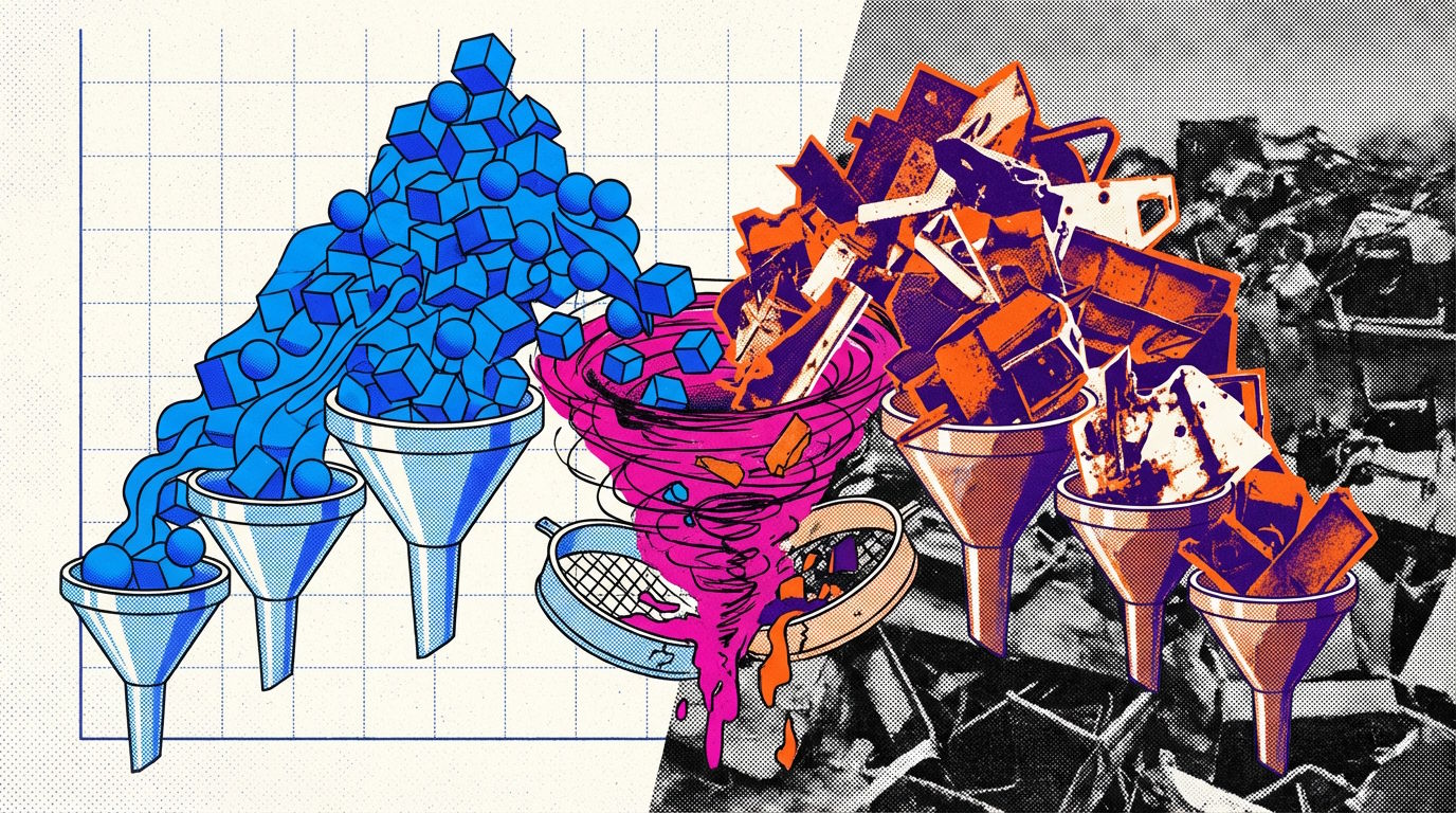 Mehrstufige Trichter mit violettem Strudel filtern blauen Datenwürfel- und Kugelstrom und erzeugen orange Blockfragmente.